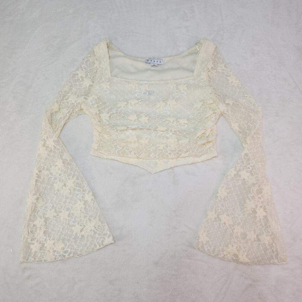 Cream Lace Fairycore Cropped Bell Sleeve Top Medium Whimsi Cottagecore Coquette